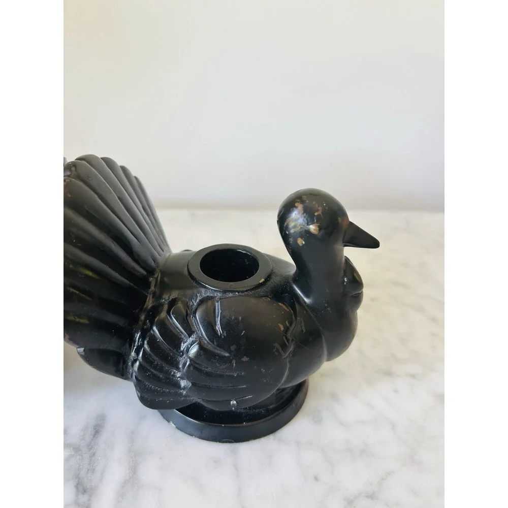 2 POTTERY BARN HEAVY BRONZE FIGURAL TURKEY TAPER CNDLE HOLDERS